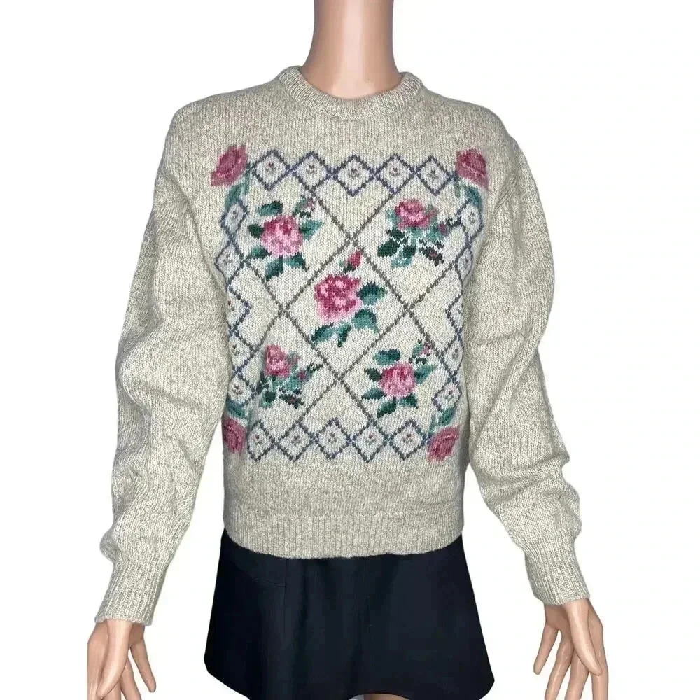 Eddie Bauer women’s Wool country Floral knit crewneck sweater wool blend size M - Picture 1 of 9